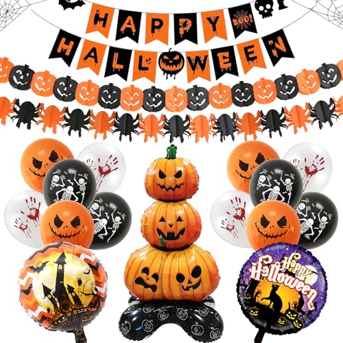 Halloween Decoracion Casa 18 Piezas, Juego de Decoración de Fiesta de Halloween, Globos, Guirnalda de Calabaza, Murciélagos, Arañas