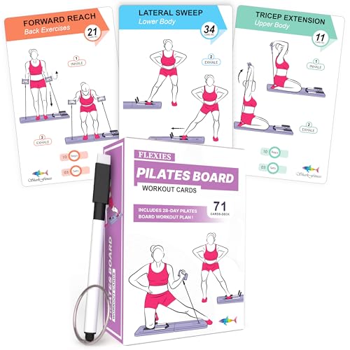 Flexies Pilates Board Workout Cards – 71 Reformer Board Exercise Cards with Postures, Instructions & Breathing Tips | Free Ring & Dry-Erase Marker to Customize 28 Day Pilates Board for home Workout