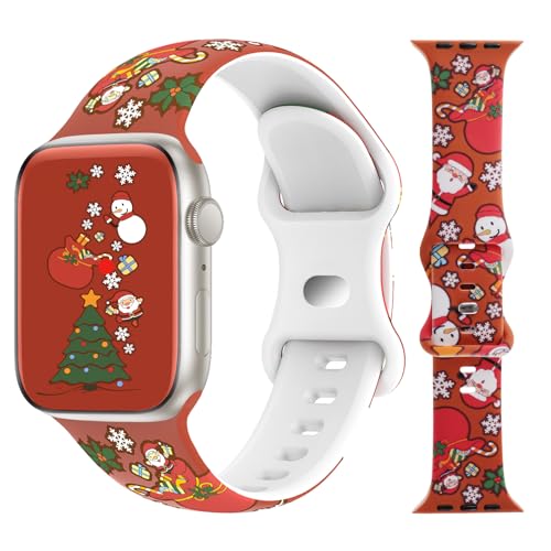 TSAAGAN Christmas Silicone Bands Compatible with Apple Watch Band 38mm 40mm 41mm 42mm 44mm 45mm 49mm, Soft Strap Pattern Printed Wristband for iWatch Series 9 8 SE 7 6 5 4 3 2 1 Ultra Women Men