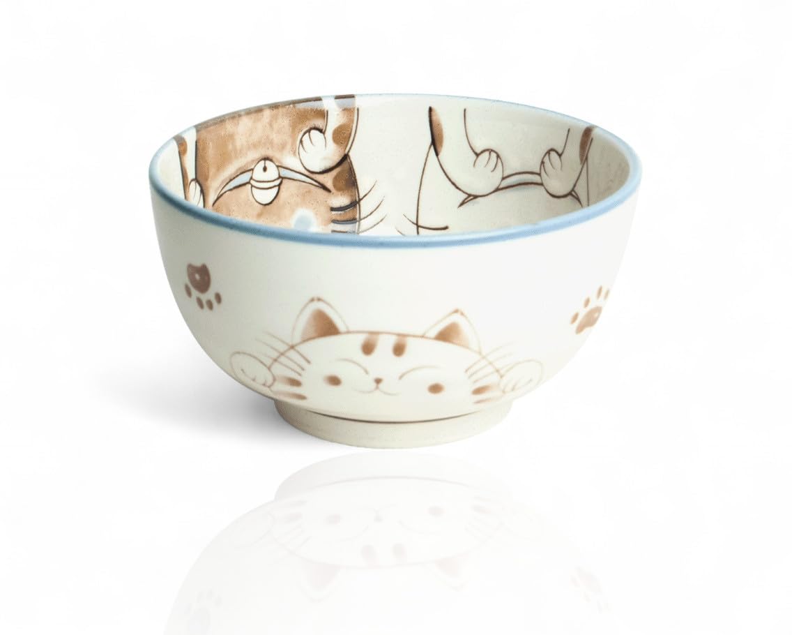 Matcha Set 4 tlg. Original japanische Schale mit Besen & Löffel Edo Japan Geschenkverpackung mit Matcha Besen Chasen, Matchabesen,Matchabesen Halter,Matcha Bambuslöffel Chashaku (Kawaii - Blue Cats)