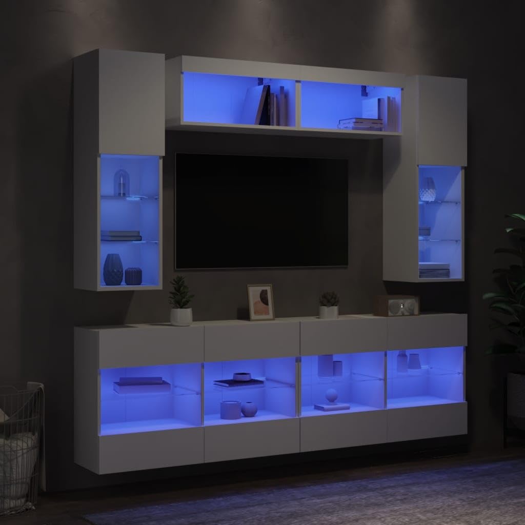 Meubles TV muraux laqués blanc 6 pièces au design épuré et contemporain