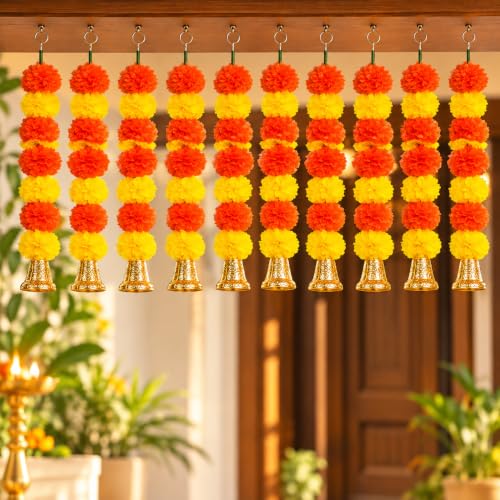 eCraftIndia Artificial Marigold Flower Garland with Golden Bells ...