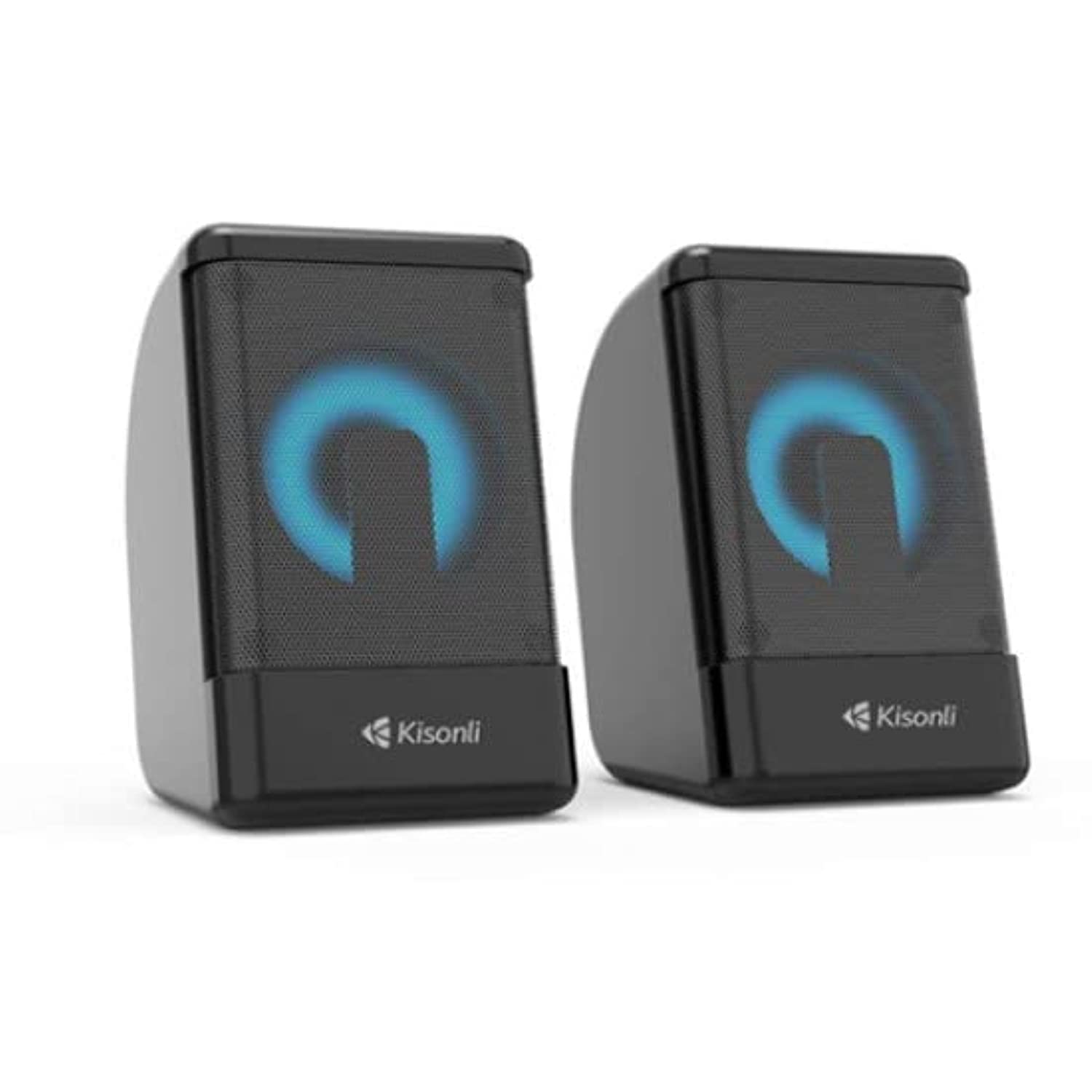 Front view of two Kisonli L-8080 speakers with RGB lights