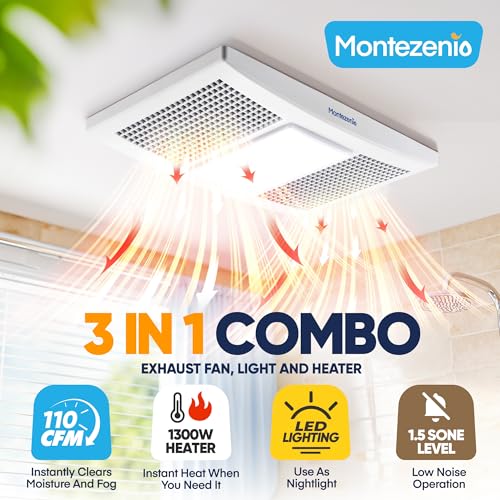 Image of Bathroom Exhaust Fan with Heater & Light, 110 CFM 1.5 Sone Quiet
