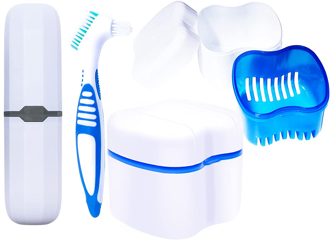 smillsu Denture case, denture cup bath, toothbrush with dentures and portable toothbrush case, denture container with basket denture holder (Blue) : Beauty & Personal Care