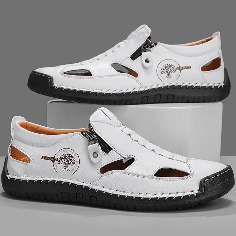 Men's Closed Toe Sandals Hand Stitching Leather Breathable Walking Driving Shoes Summer Flip Flops Casual Anti Slip Slip On Slippers Shoes3