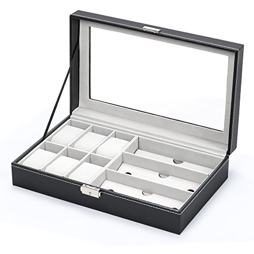 NEX Watch Case- 6 Slots Watch Box Organizer and 3 Pieces Eyeglasses for Mens(NX-AA002)