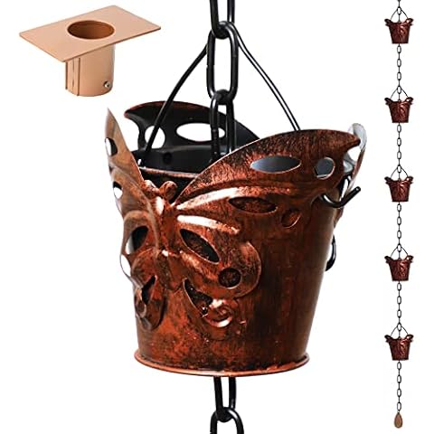 LEPTALINA 8.5FT Butterfly Bronze Iron Rain Chains for Gutter and Rain Barrel, Rust-Resistant Plated Garden Décor Rain Chain for Downspout, Bonus Rain Chain Gutter Adapter Cover