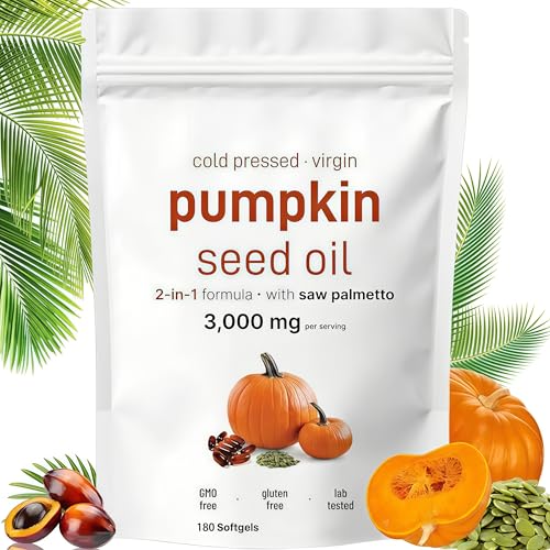 Premium Pumpkin Seed Oil Capsules, Cold Pressed Pure Virgin Oil with Essential, 180 Softgels for Hair Health Support, Non-GMO & Gluten Free