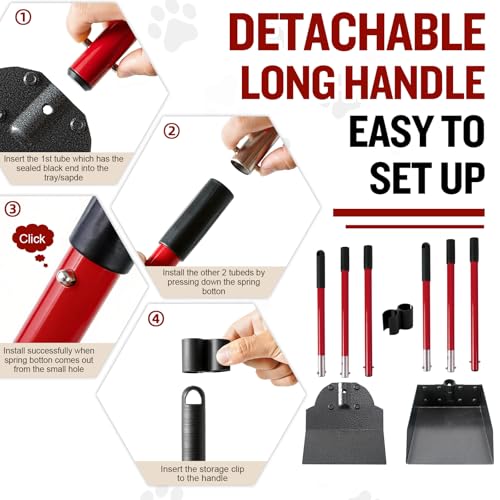 Image of Pooper Scooper for Large Dogs, Adjustable Long Handle Metal Tray and Spade Poop Scooper for Dogs with Bin for Pet Waste Removal, No Bending Clean Up Pooper Scooper for Medium and Large Dogs,Red