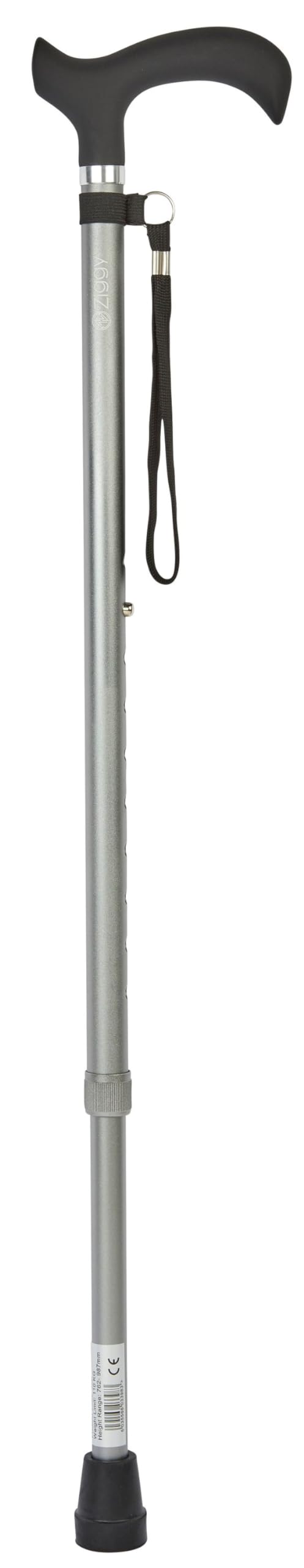 Gehstock Soft Melbourne Silver, Soft-Derbygriff schwarz, Leichtmetall matt-silberfarben, verstellbar ca. 76-99 cm, bis 110 Kg, inkl. Tragschlaufe und Gummipuffer