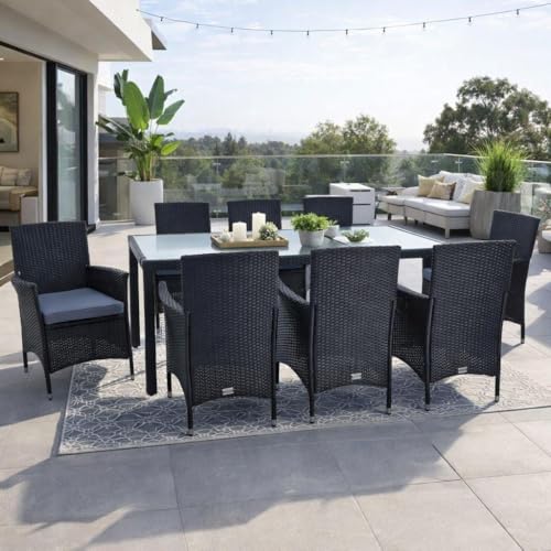 ESTEXO Polyrattan Sitzgruppe Gartenmöbel Set 8 Personen Rattanmöbel Gartenset Rattan Essgruppe Garten-Stühle Garten-Tisch Hocker Sessel mit Kissen (Schwarz)