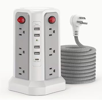 PASSUS Surge Protector Power Strip with USB CPD18W Port|Flat Plug Braided Cord|Tower Outlets with USB Ports