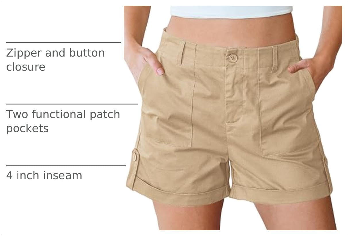 luvamia Shorts for Women High Waisted Dressy Casual Summer Elastic Waist Comfy Rolled Hem Stretch Twill Pocket Shorts