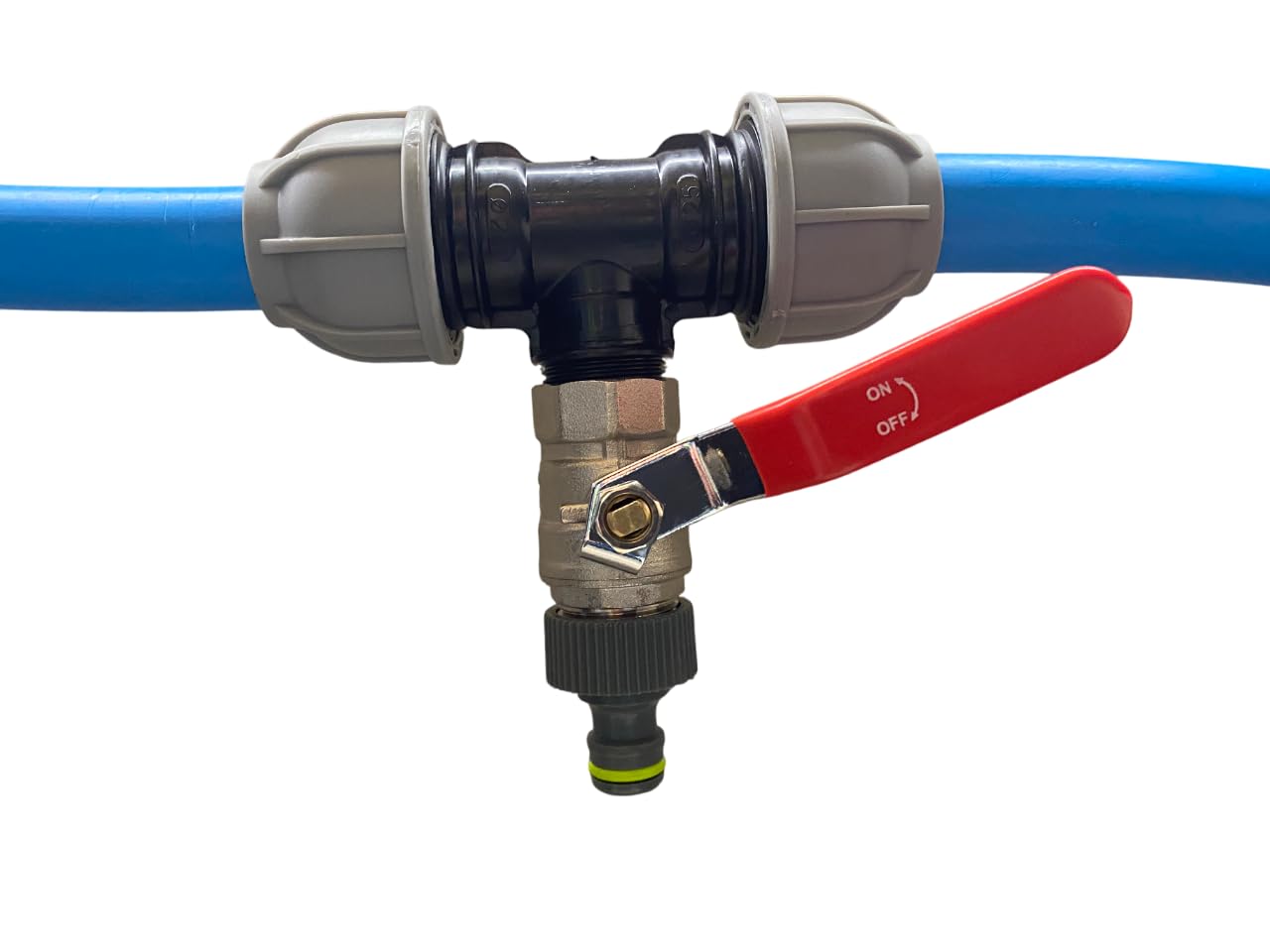 mdpe Water Pipe tee Off Metal Full Flow Valve with Universal Garden Hose Click Connector,Available for 20mm,25,or 32mm Water Supply Pipe (32mm)