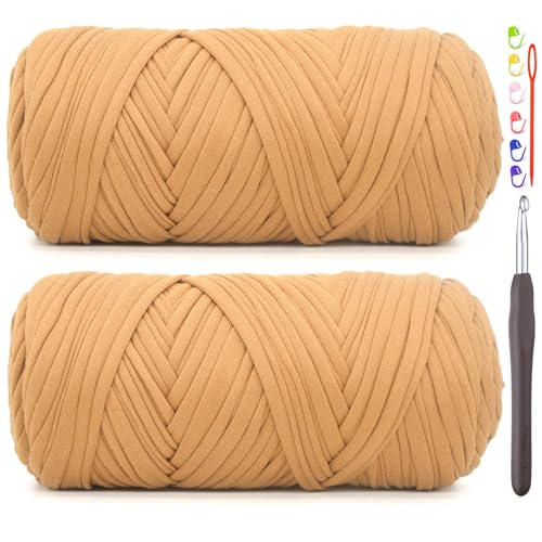 2 Pack Tshirt Yarn for Crocheting,Brown T Shirt Chunky Elastic Fabric Thick T-Shirt Crochet Yarn for Beginners Crocheting Hand Knitting Bag/Basket/Coasters/DIY Crafts/Home Decor 2*200G(Caramel Brown)