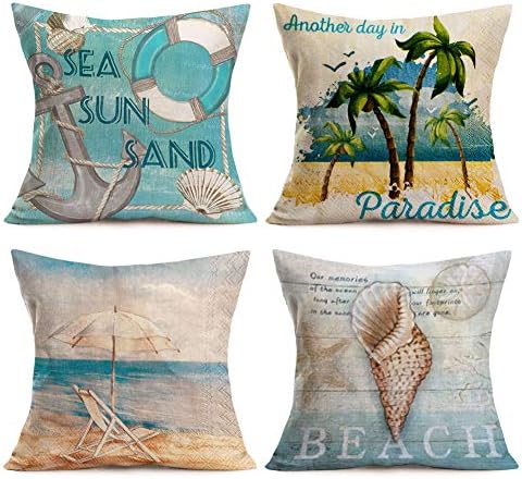 Asamour Summer Tropical Beach Cotton Linen Throw Pillow Case Nautical Anchor Seashell & Sea Snail Decorative Cushion Cover Square Pillow Sham 18’’x18’’ Set of 4,Beach Chair,Coconut Palm