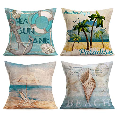 Asamour Summer Tropical Beach Cotton Linen Throw Pillow Case Nautical Anchor Seashell & Sea Snail Decorative Cushion Cover Square Pillow Sham 18’’x18’’ Set of 4,Beach Chair,Coconut Palm