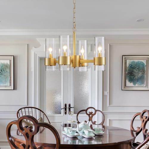 Image of WUZUPS Industrial Chandelier 4-Light with Clear Glass Modern Farmhouse Round Light Fixture for Dining Room Kithen Island Foyer, Width 16.9 inch Height 12.2 inch, Gold