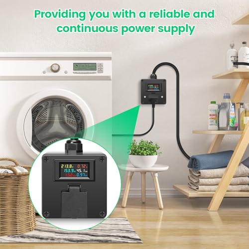 Image of AC Power Meter with Color LCD Display and NEMA L6-30 Plug, 120-240V 30A, Real-Time Voltage, Current, Energy, Frequency, Power Factor Monitoring, Includes Waterproof Cover