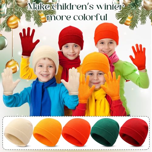 Image of Handepo 60Pcs Kids Winter Beanie and Gloves Bulk Knit Hats Gloves Warm Unisex Cold Weather Winter Gifts for Boy Girl Homeless