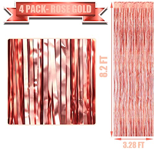 Image of 4 Pack Rose Gold Foil Fringe Curtain Backdrop, 3.28Ft x 8.2Ft Metallic Tinsel Foil Fringe Streamers Curtains for Party,