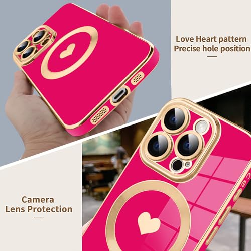 tharlet Magnetic for iPhone 16 Pro Max [Magsafe Compatible] Cute Love Heart Luxury Plating Gold Edge Bumper with Full Camera Lens Protection, Gift Giving & Daily Matching, Hot Pink (6.9") by tharlet - Image 5