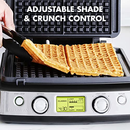 Greenpan Elite 4-Square Belgian & Classic Waffle Iron, Healthy Ceramic Nonstick Aluminum Dishwasher Safe Plates, Adjustable Shade/Crunch Controls, Wont Overflow, Easy Cleanup Breakfast, Black #TOP5