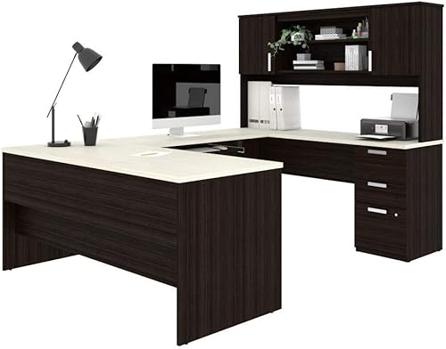 Bestar Ridgeley - Escritorio ejecutivo en forma de U con pedestal y cabaña 65 W color chocolate blanco Chocolate scuro, Blanco (White Chocolate) Bestar Ridgeley - Escritorio ejecutivo en forma de U con pedestal y cabaña 65 W color chocolate blanco Chocolate scuro, Blanco (White Chocolate)