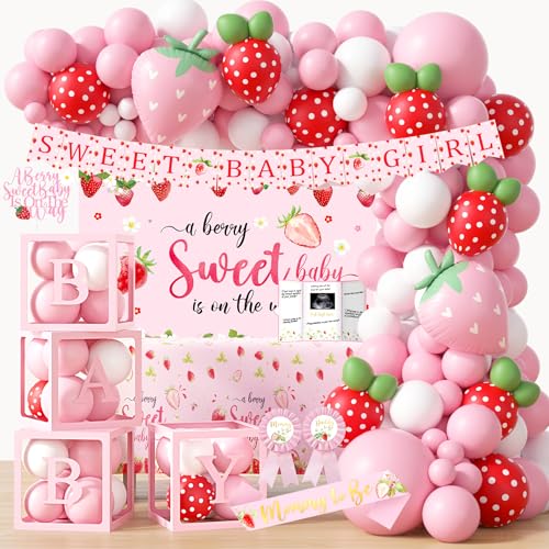 Image of Strawberry Baby Shower Decorations, A Berry Sweet Baby Is On The Way Party Supplies, It's a Girl Gender Reveal, Backdrop Balloon Arch Box Mom to Be Sash Dad to Be Pin Tablecloths Cake Topper