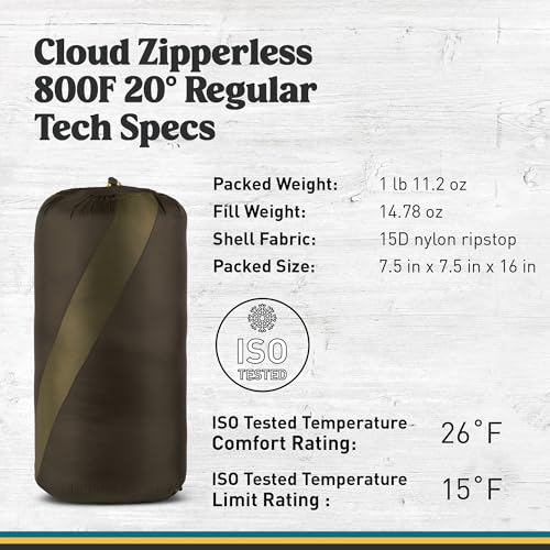 Image of Sierra Designs Cloud 20 Degree DriDown Sleeping Bag Ultralight Zipperless Down Sleeping Bag for Backpacking and Camping