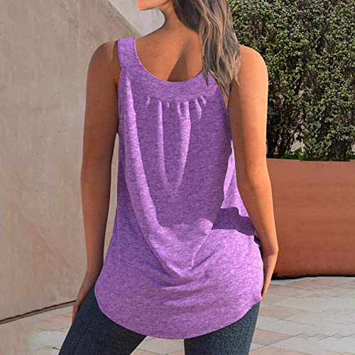 Lastesso Womens Tank Tops Summer Trendy Halter O Neck Tunic Tops Sleeveless Button Loose Pleated Shirts Basic Daily Blouses #TOP3