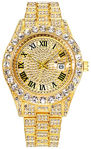 LGXIGE Mens Ice Out Watches Big Rocks with Roman Numerals Fully Colorful Dial Gold Watch (Gold)