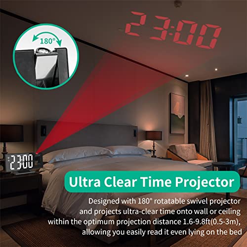 Hombom Projection Alarm Clock, 8" Large Digital Clock With 180° Rotatable Projector, Mirror Led Temperature And Humidity Display Digital Alarm Clock With Usb Charging Port #TOP6