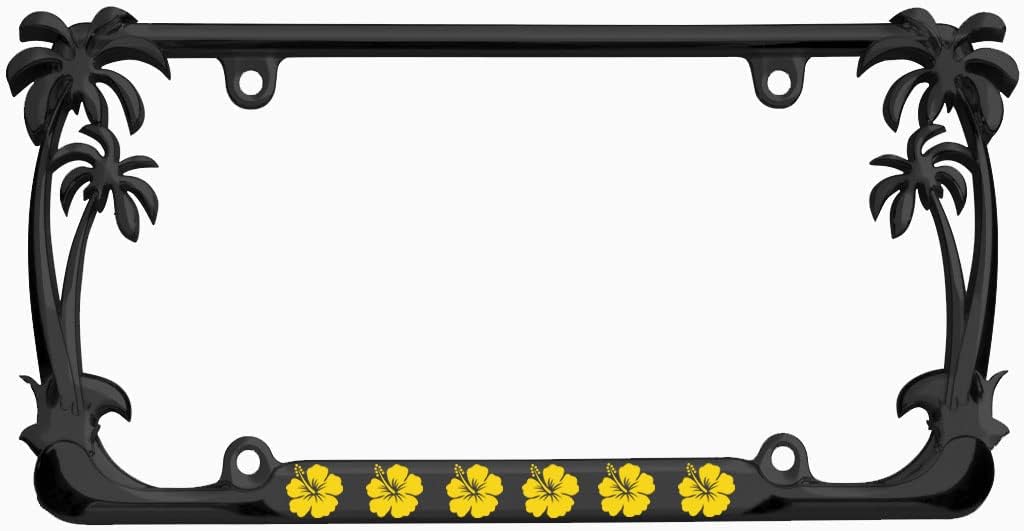 Hibiscus Flower Design Palm Tree Heavy Duty Metal License Plate Frame Auto License Plate Frame/Car Accessories (Black/Turquoise)