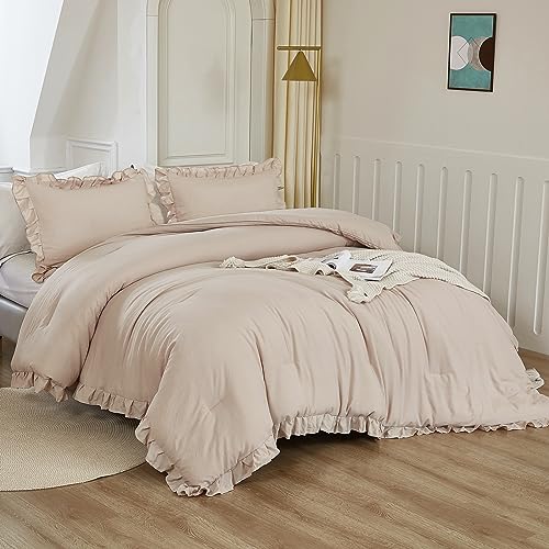 Image of Litanika Full Comforter Set Beige, 3 Pieces Khaki Ruffle Farmhouse Aesthetic Bedding Comforter Set, Lightweight Fluffy Microfiber Bed Set (79x90In Comforter, 2 Pillowcases)