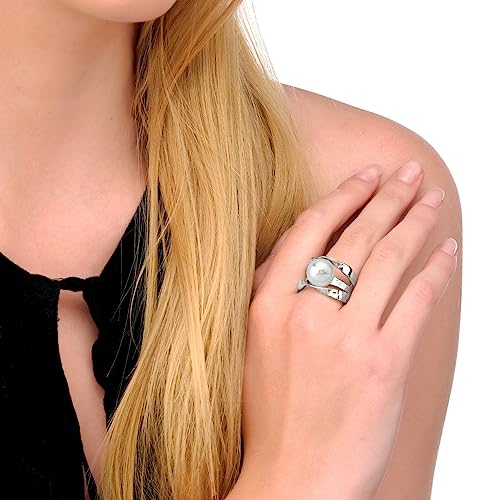 Majorica Sterling Silver Rhodium Plated Ring For Women With Organic Pearl, 12Mm Round White Pearl, Planet Collection 17 #TOP1