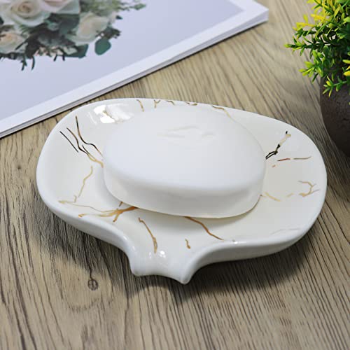 Polyroyal Gold Marble Texture Soap Dish Ceramic Soap Holder Self Draining Soap Dish Waterfall Slot Sponge Holder Bathroom Accessories For Bathroom, Kitchen,Bar Counter. #TOP5