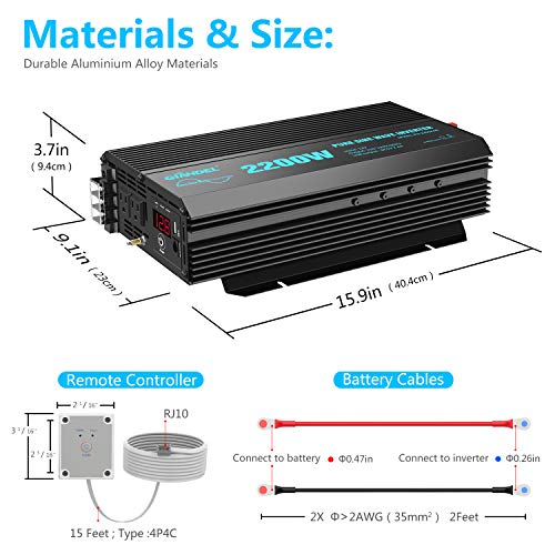 Pure Sine Wave Power Inverter 2200Watt DC 12volt to AC 120volt with Dual AC Outlets and 2.4A USB Port & LED Display Remote Controller for RV Trucks Boats and Emergency【3 Years Warranty】 - Thumbnail 7