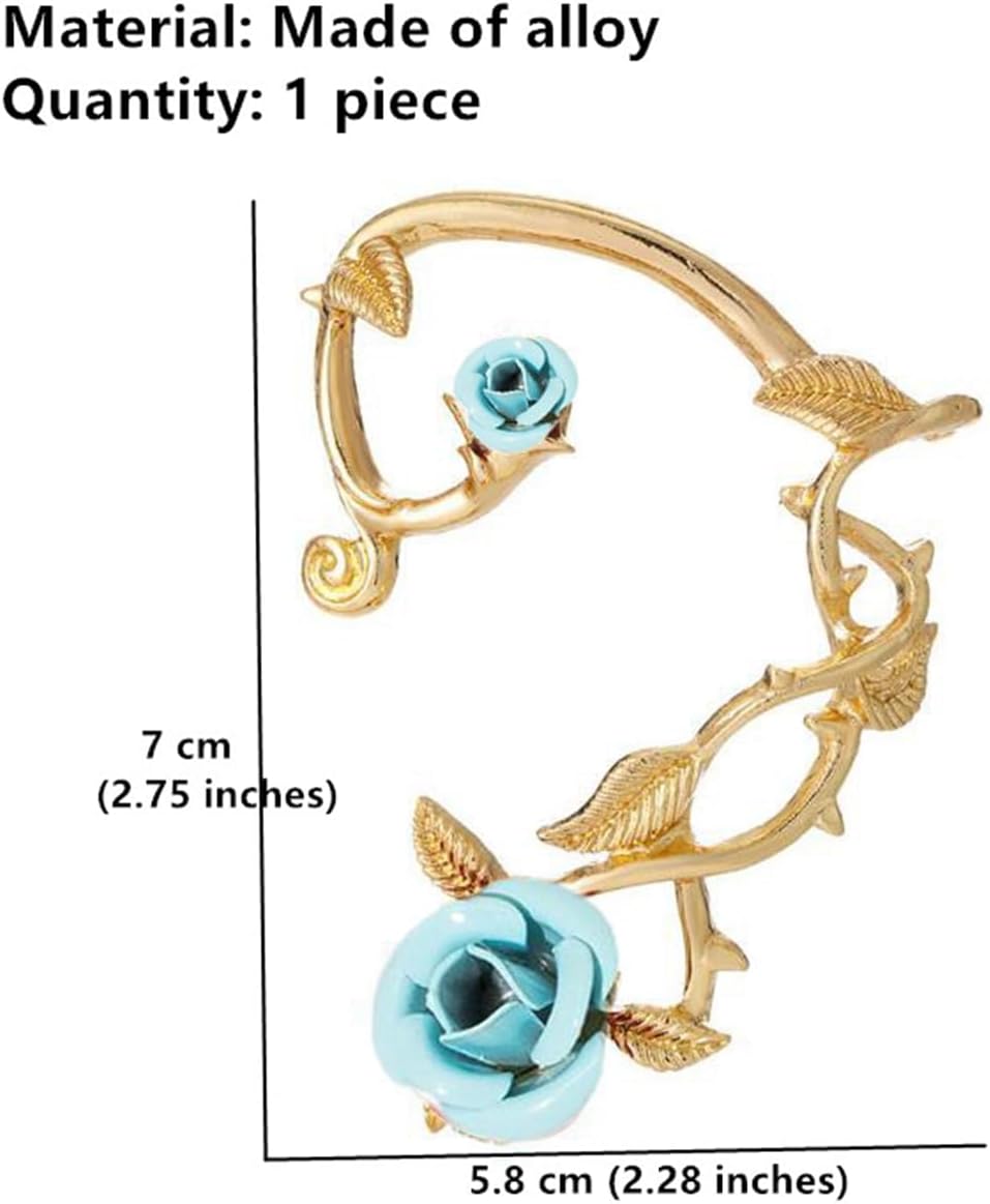 Rose Flower Ear Crawler Climber Stud Earrings for Women Leaf Ear Cuff Elf Clip Wrap Earrings Blue 1Pcs - Image 3