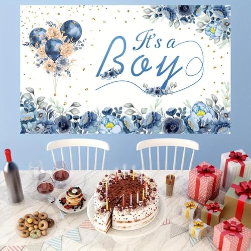 Fotografía de Fondo para Baby Shower con Flores de Color Azul Marino y Lunares Dorados para niño. Decoración de Pancarta de Fondo para Baby Shower. 210X150cm