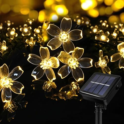 BG9D Guirnalda solar exterior, luces solares 11 m, flores exterior, 60 LED, impermeable, 8 modos con memoria, flores LED para jardín, terraza, balcón, fiesta, boda, decoración de patio