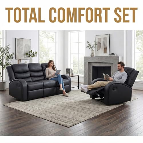 Image of Manual Recliner Sofa Set, Leather Reclining Living Room Furniture Set, Adjustable Backrest Reclining Chair and a 3 Seater Couch Furniture Set for Living Room, Home Theater, Black