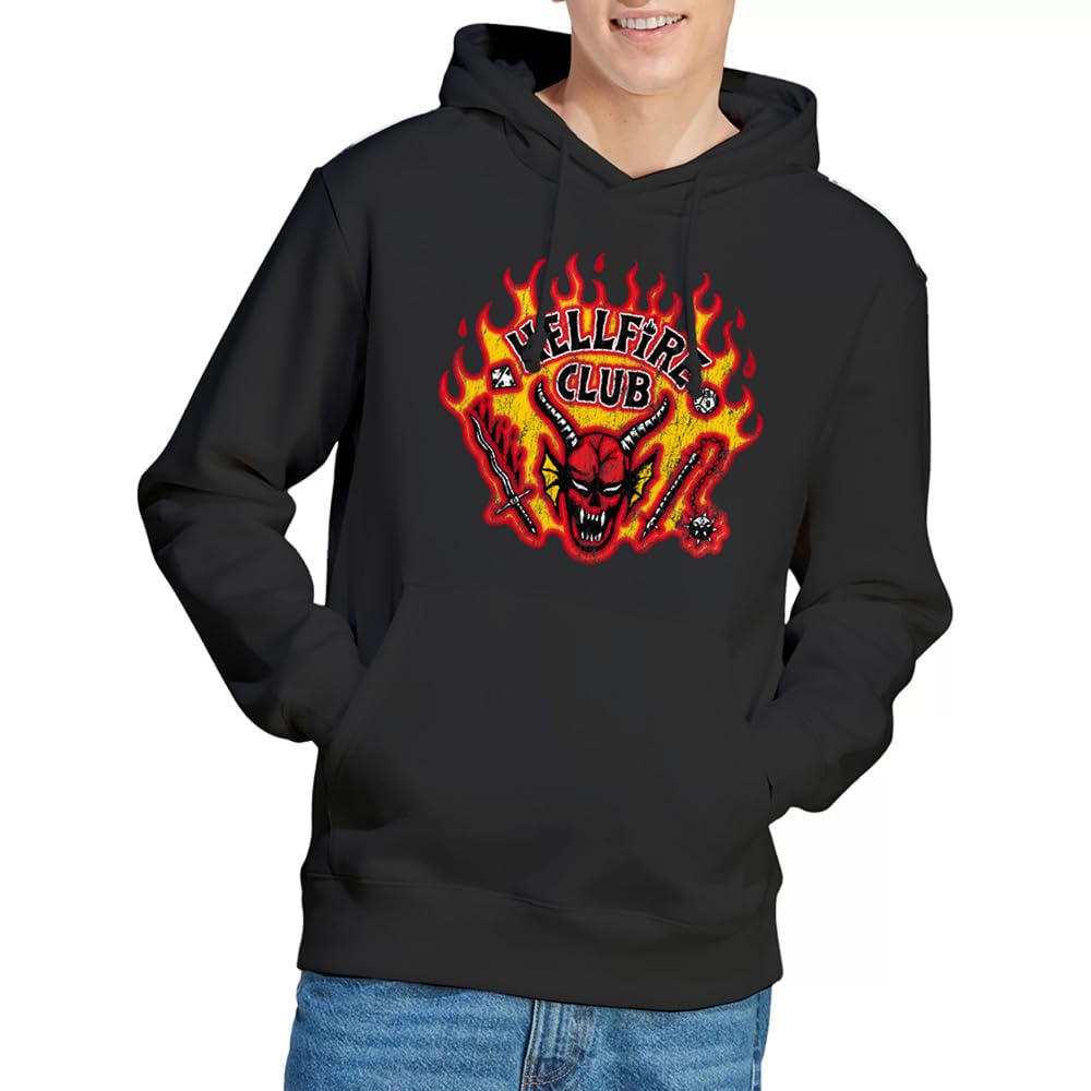 Stranger Things Unisex Black Hellfire Flames Hoodie, Large