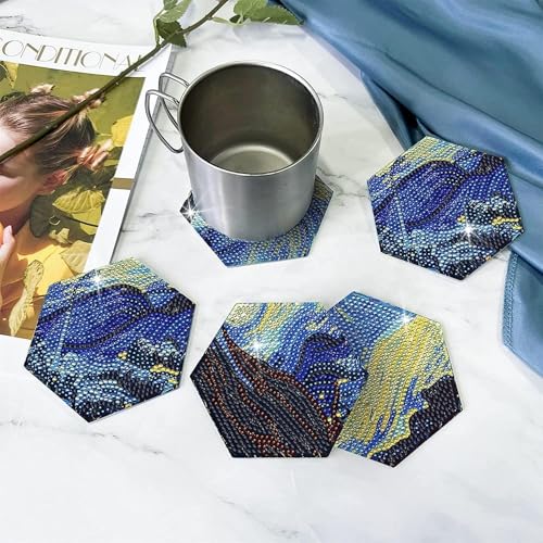 Image of 7 Piece Hexagon 5D Diamond Painting Coasters Set with Holder - DIY Puzzle Coasters Set Inspired by Van Gogh's Starry Night Mosaic Art Cup Mats for Table Decoration & Gift