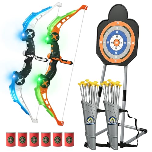 Bow and Arrow Set for Kids, 2 Pack LED Light Up Archery Targets Set with 24 Suction Cup and Standing Targe, Arrows Outdoor Games for Kids Ages 4-8 8-12,Birthday Gifts Toys for 5 6 7 9 10 11 Boys Girls
