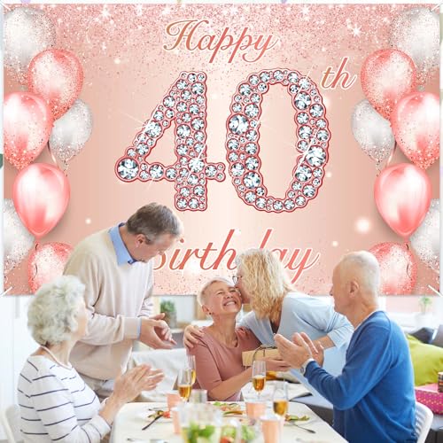 Image of Happy 40th Birthday Rose Gold Banner Cheers to 40 Years Old Backdrop Confetti Balloons Theme Decor for Women 40 Years Old Pink Birthday Party Decorations Bday Supplies Background Favors Gift Glitter