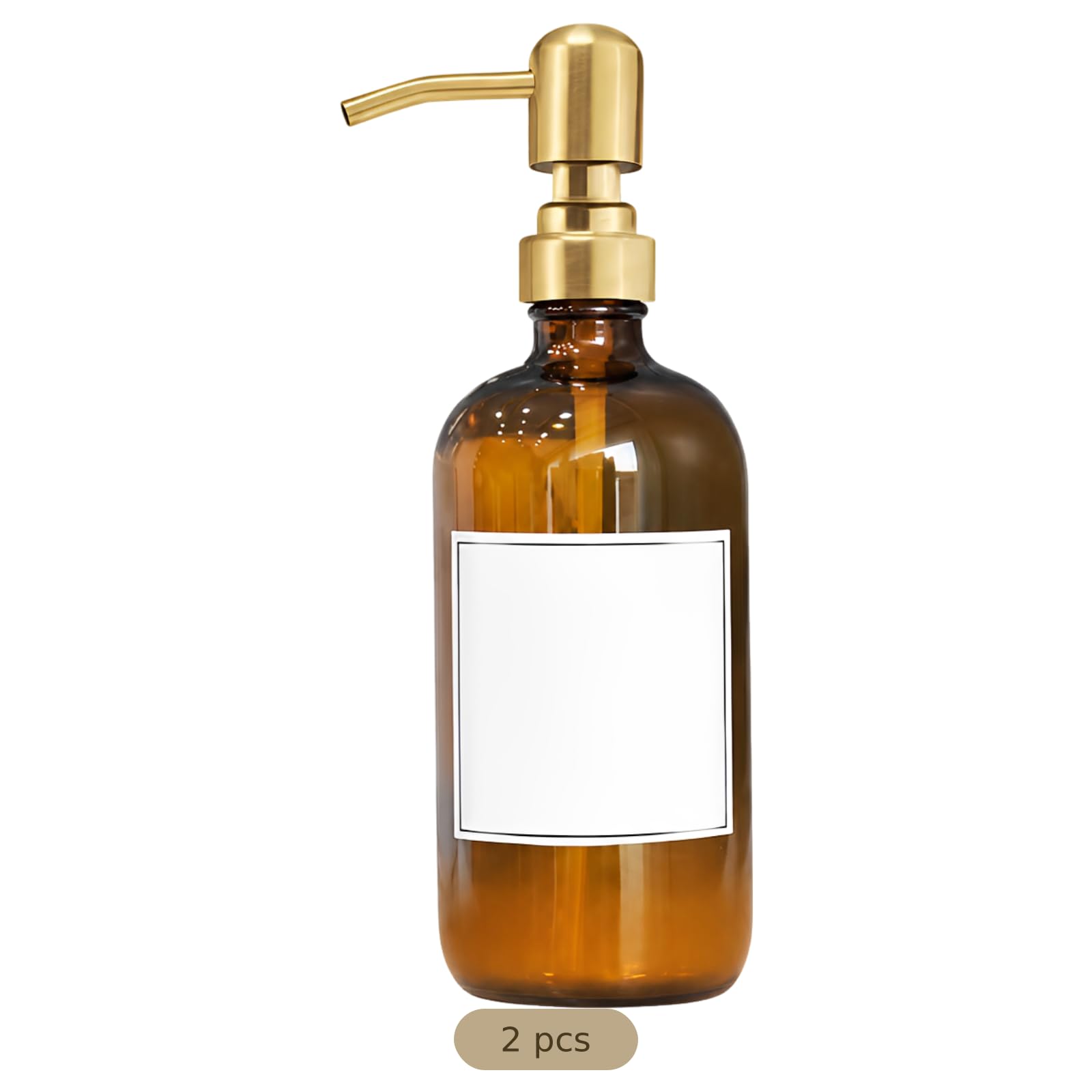 2 Stück Seifenspender aus bernsteinfarbenem Glas, 500 ml Pumpspender Set mit Edelstahlpumpe, 21,8 cm, für Küche und Bad, inklusive Tablett und Etiketten