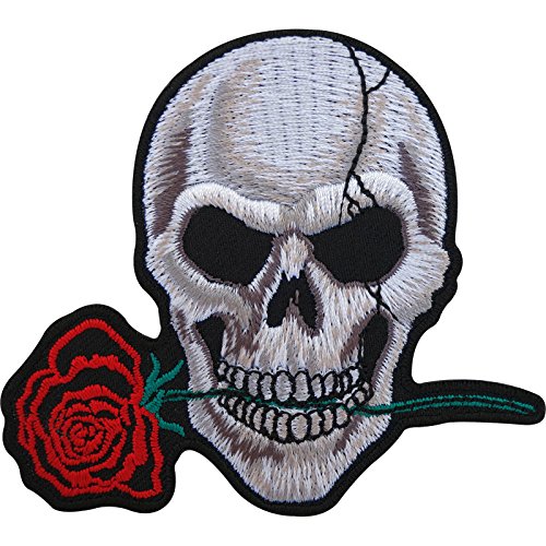 Biker Patch Skull Rose Embroidered Badge Iron On/Sew On Clothes Jacket Jeans