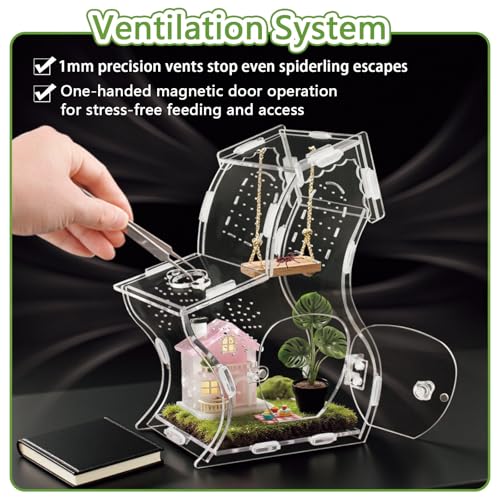 Image of Premium 3mm Acrylic Terrarium for Jumping Spiders & Tarantulas | 5.9 inchx9.4 inchx3.5 inch Tall Arboreal Enclosure with Magnetic Doors & 1mm Micro-Vents | Escape-Proof Habitat for Mantis, Reptiles, Frogs